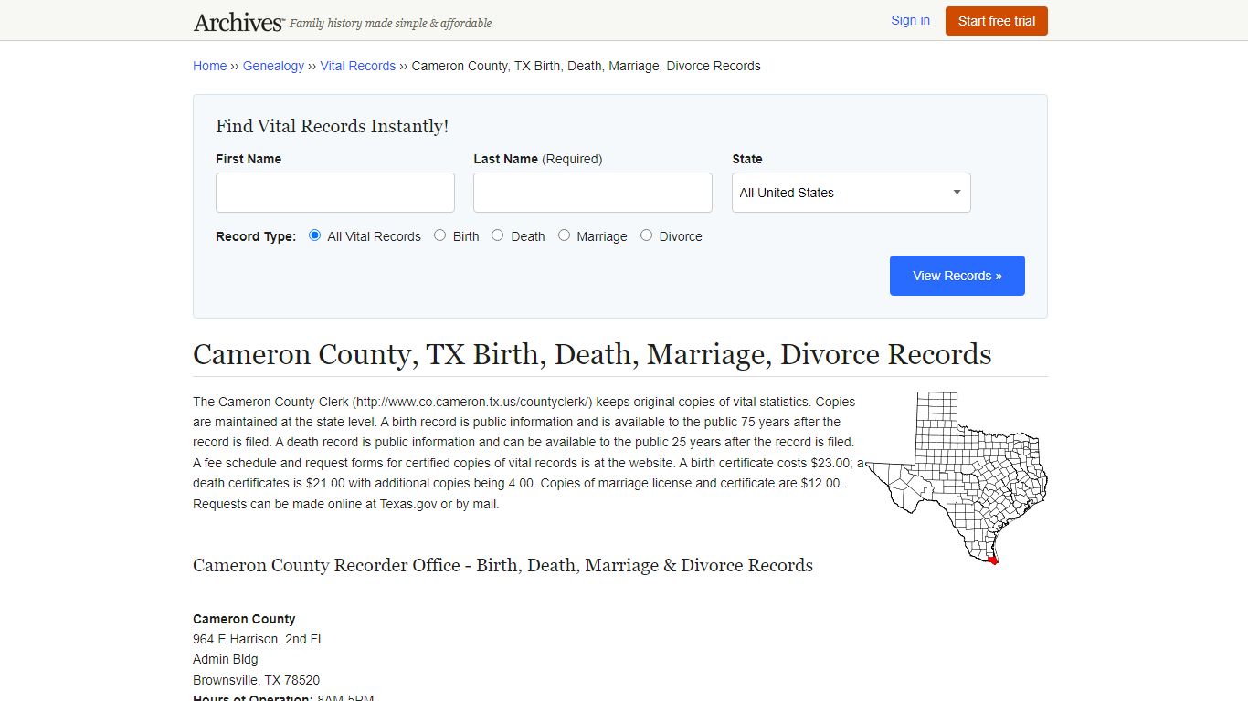 Cameron County, TX Birth, Death, Marriage, Divorce Records - Archives.com